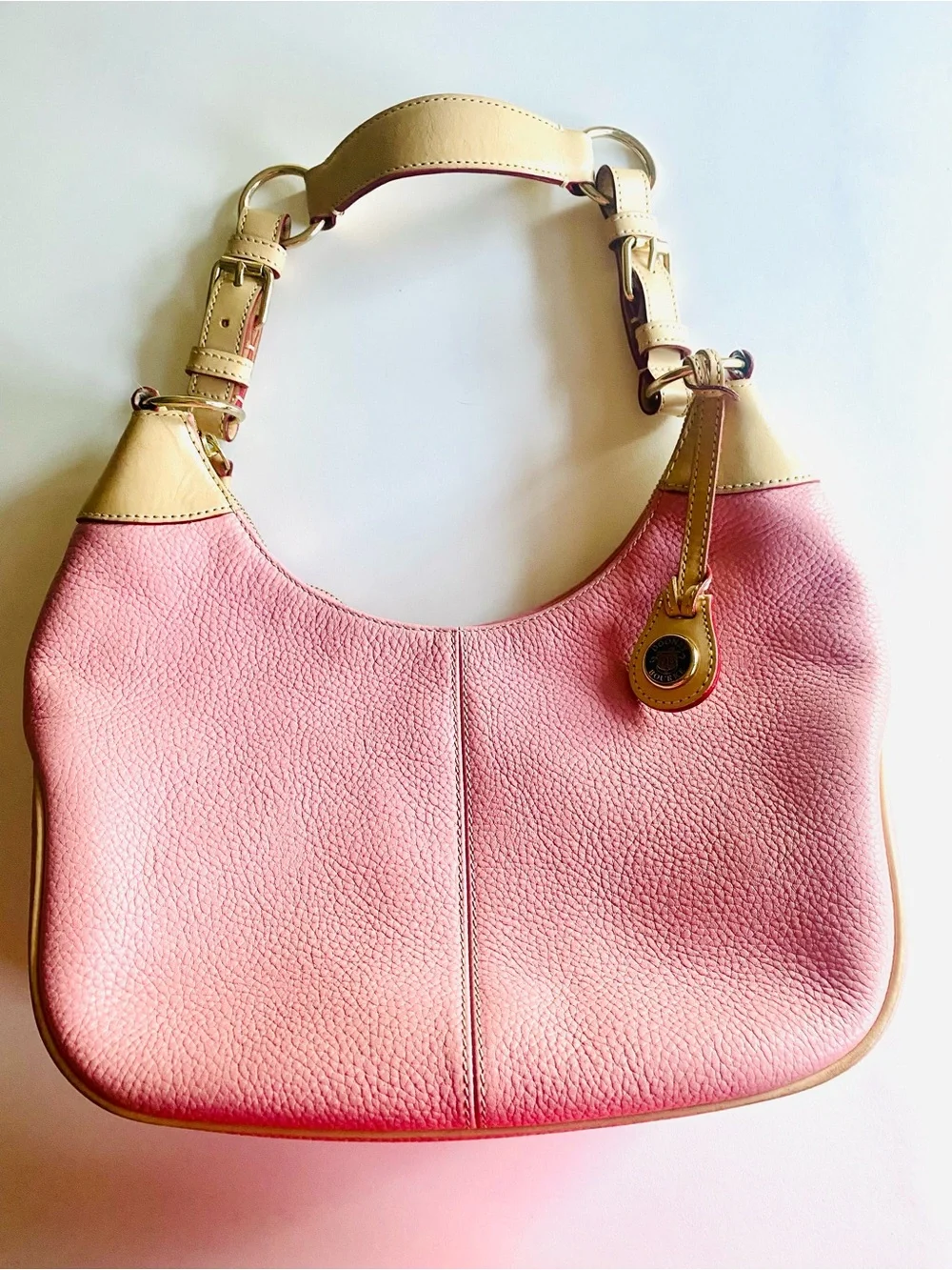 Dooney $ Bourke Pink Leather Hobo Bag with Tan Trim